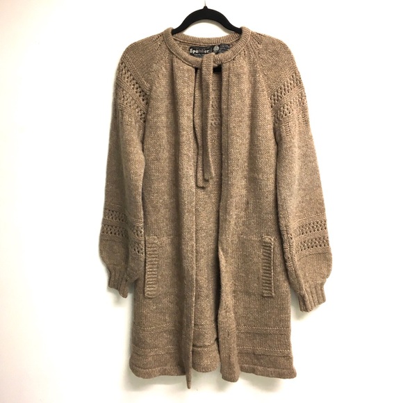 SPANNER Sweaters - SPANNER Wool Long Open Cardigan Tie Neck Brown L